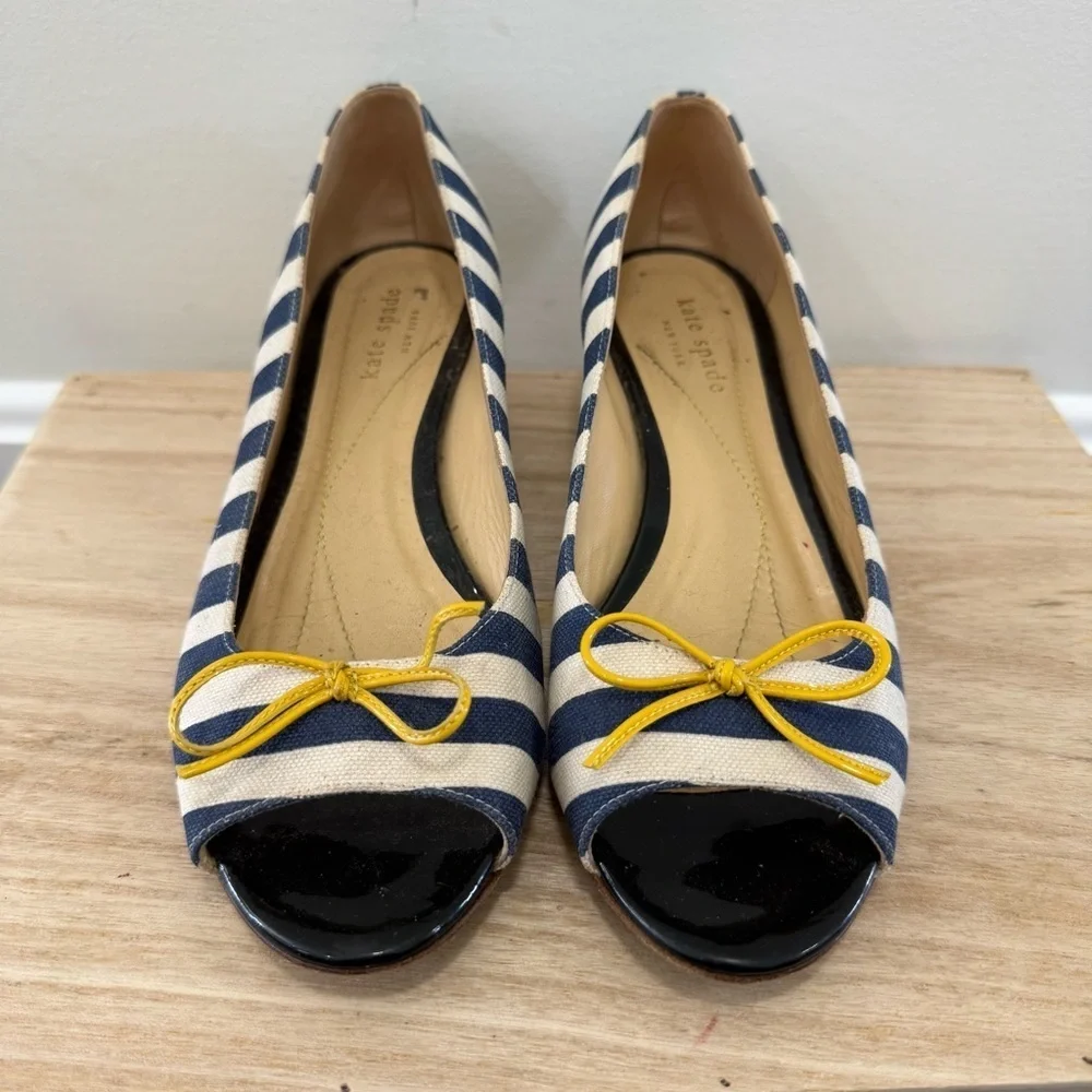 Kate Spade Navy Blue & White Stripe Yellow Detail Kitten Wedge Flats 6.5